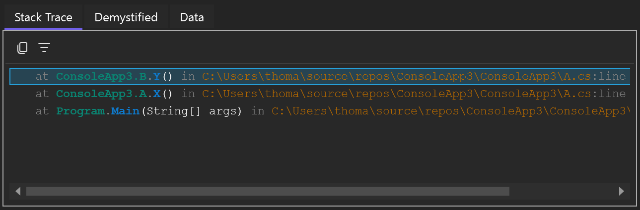 Formatted stack trace